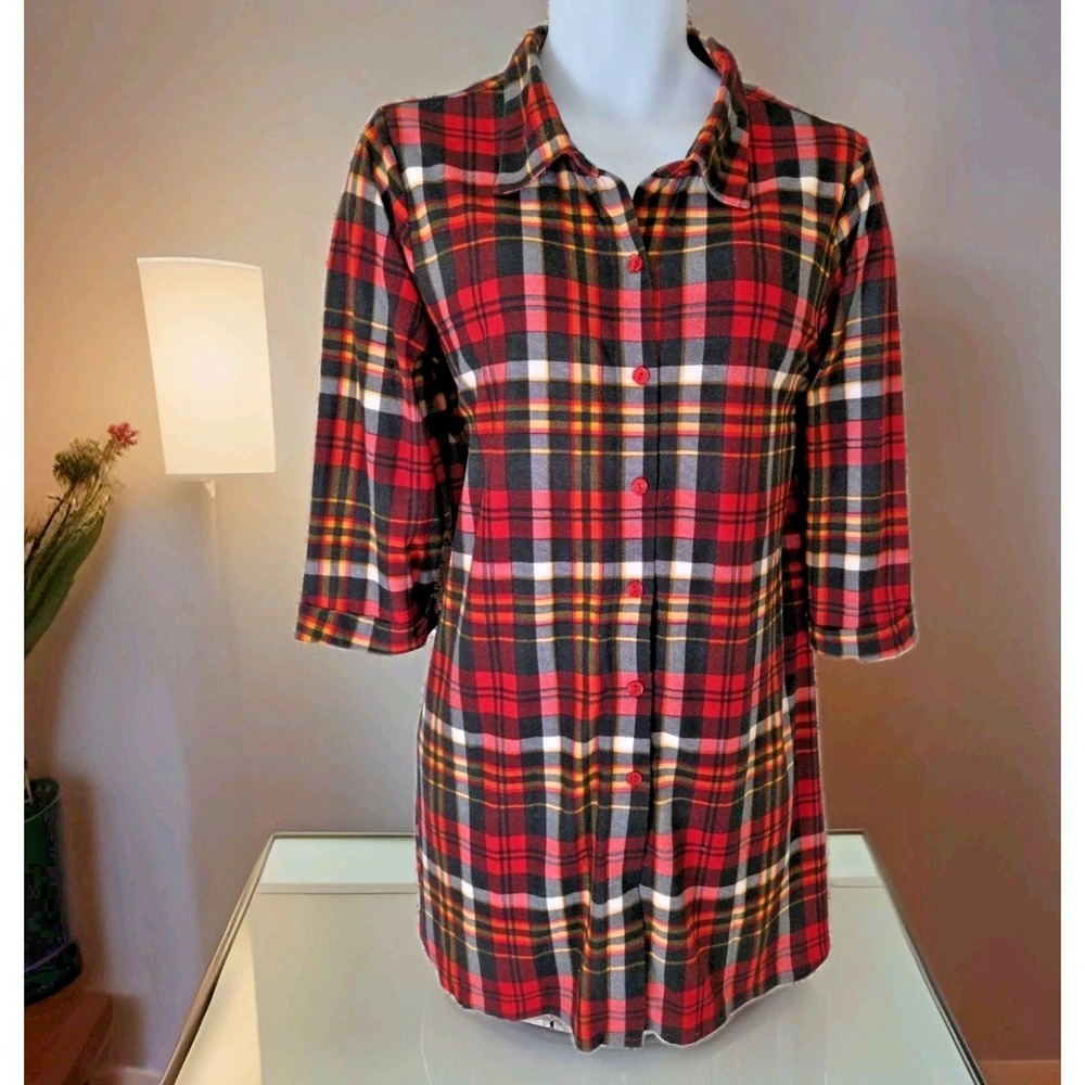Derek‎ Heart Sleep Shirt 1X Red Plaid Button Front 3/4 Sleeve Casual Stretch